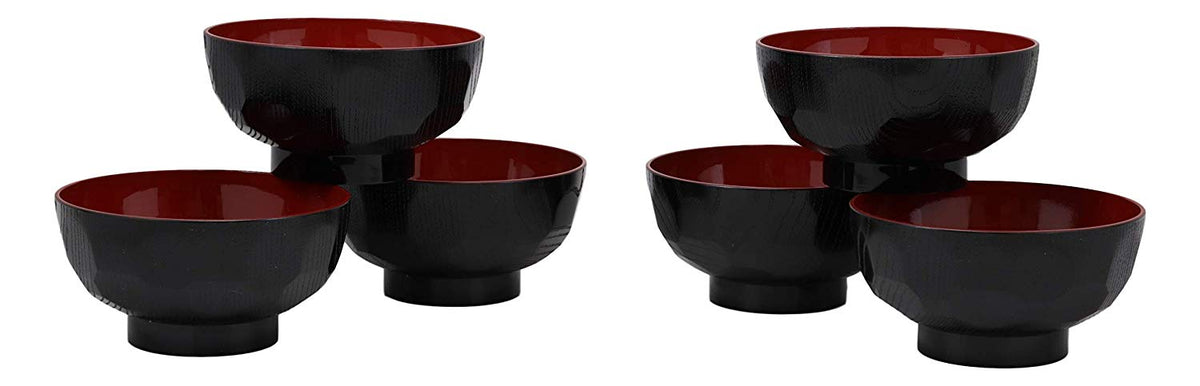 Ebros Gift Made In Japan Traditional Small Black Red Lacquer Copolymer Plastic Bowl For Rice Salad Miso Soup 4.5"Dia 6oz Japanese Restaurant Supply Bowls Home Kitchen (Dotted Ridged Pattern, 6)