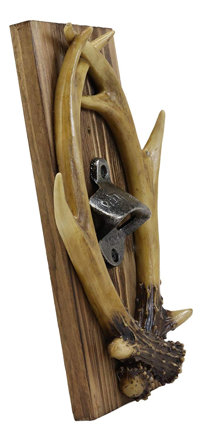 Ebros Rustic Western Faux Entwined Hunter's Stag Deer Antlers Trophy Mounted On Wood Plank Soda Beer Bottle Cap Cast Metal Opener 10.75" High