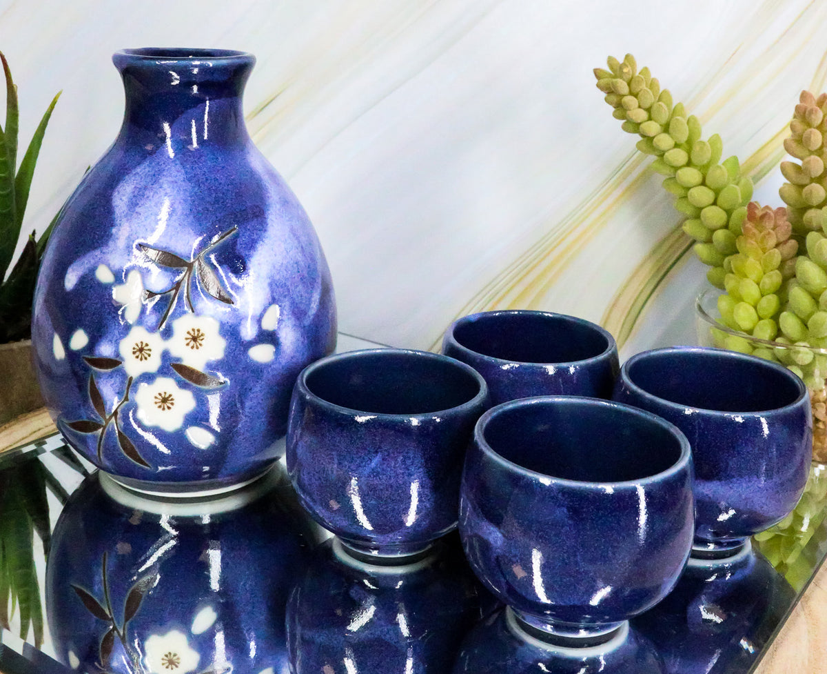 Ebros Japanese 8oz Ceramic Blue Cherry Blossom Sake Set Flask With Four Cups Asian Japan Cultural Toast Decor Party Hosting Set - Ebros Gift
