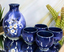 Ebros Japanese 8oz Ceramic Blue Cherry Blossom Sake Set Flask With Four Cups Asian Japan Cultural Toast Decor Party Hosting Set