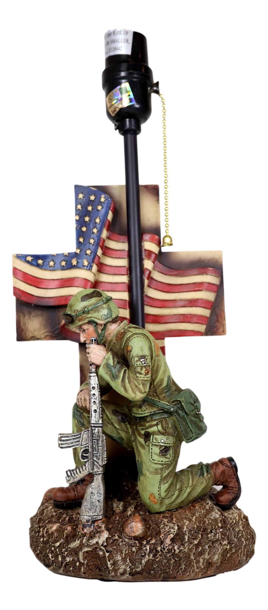 Patriotic Soldier With Rifle Kneeling By American Flag Cross Memorial Table Lamp