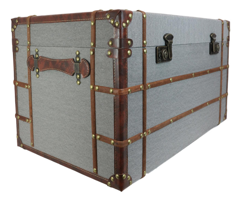 Set Of 3 Stackable Large Wood Vintage Grey Fabric With Leather Trunk Case Boxes