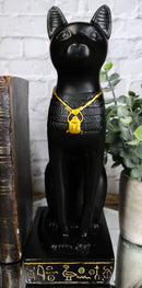 Egyptian Feline Goddess Sitting Cat Bastet With Golden Scarab Necklace Figurine