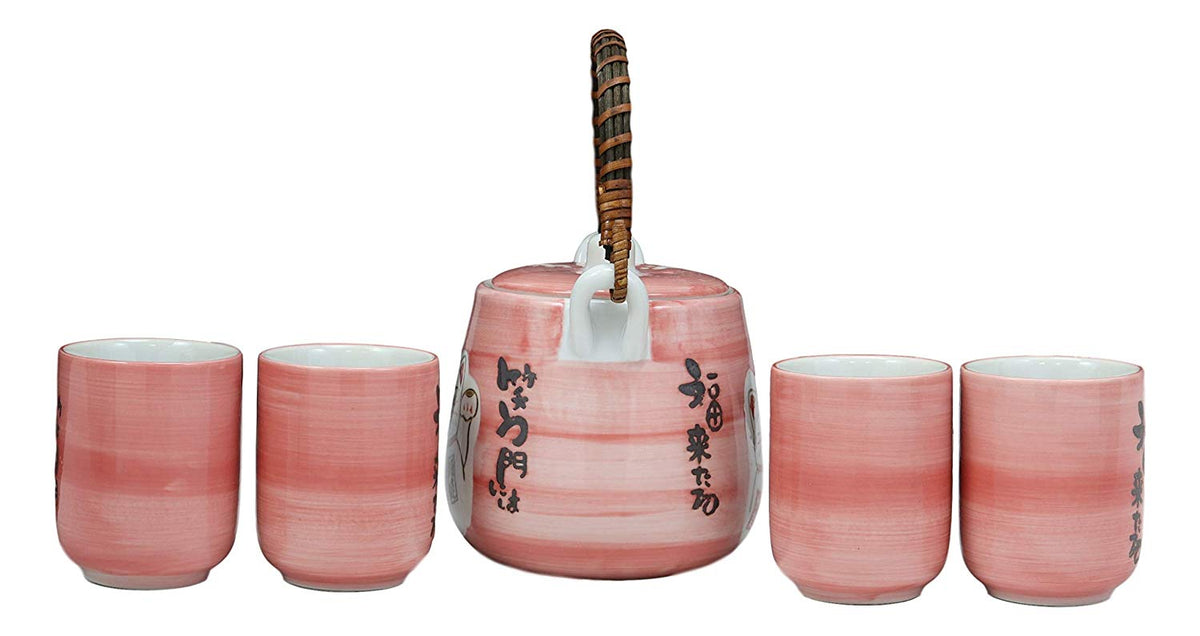 Japanese Design Maneki Neko Lucky Cat Pink 20oz Ceramic Tea Pot and Cups Set
