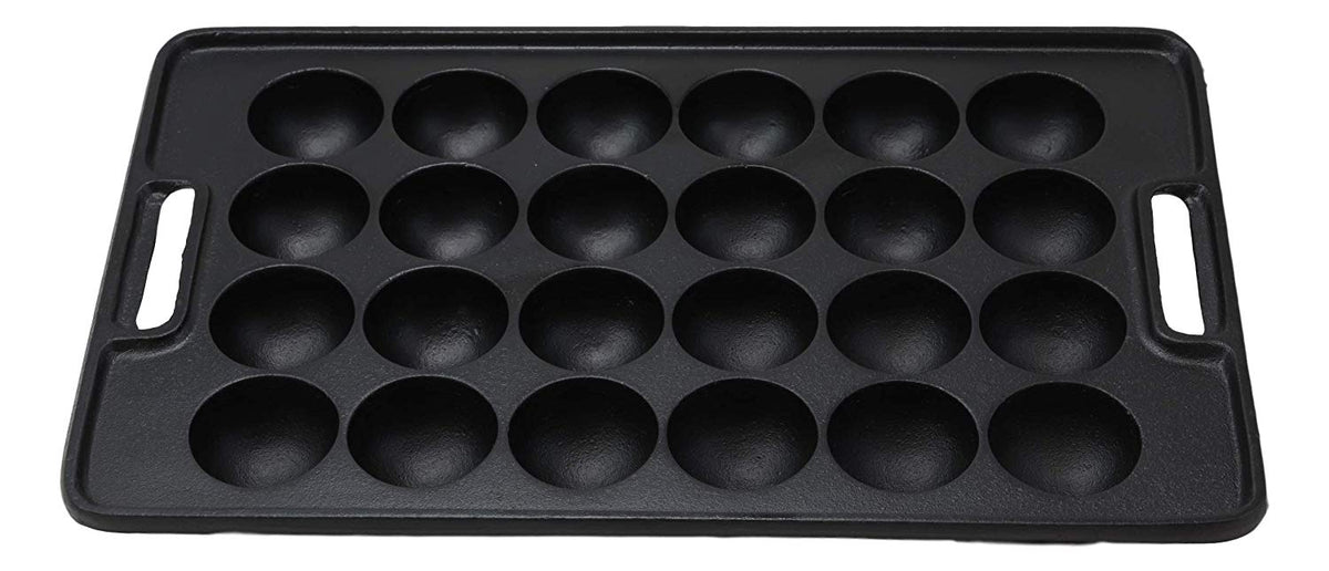Ebros Gift Rectangular Traditional Cast Iron Japanese Street Food Takoyaki Stuffed Mushrooms Dessert Cakes Snacks Special Cooking Plate Pan Takoyaki-Nabe With Side Handle Holes Restaurant Supply