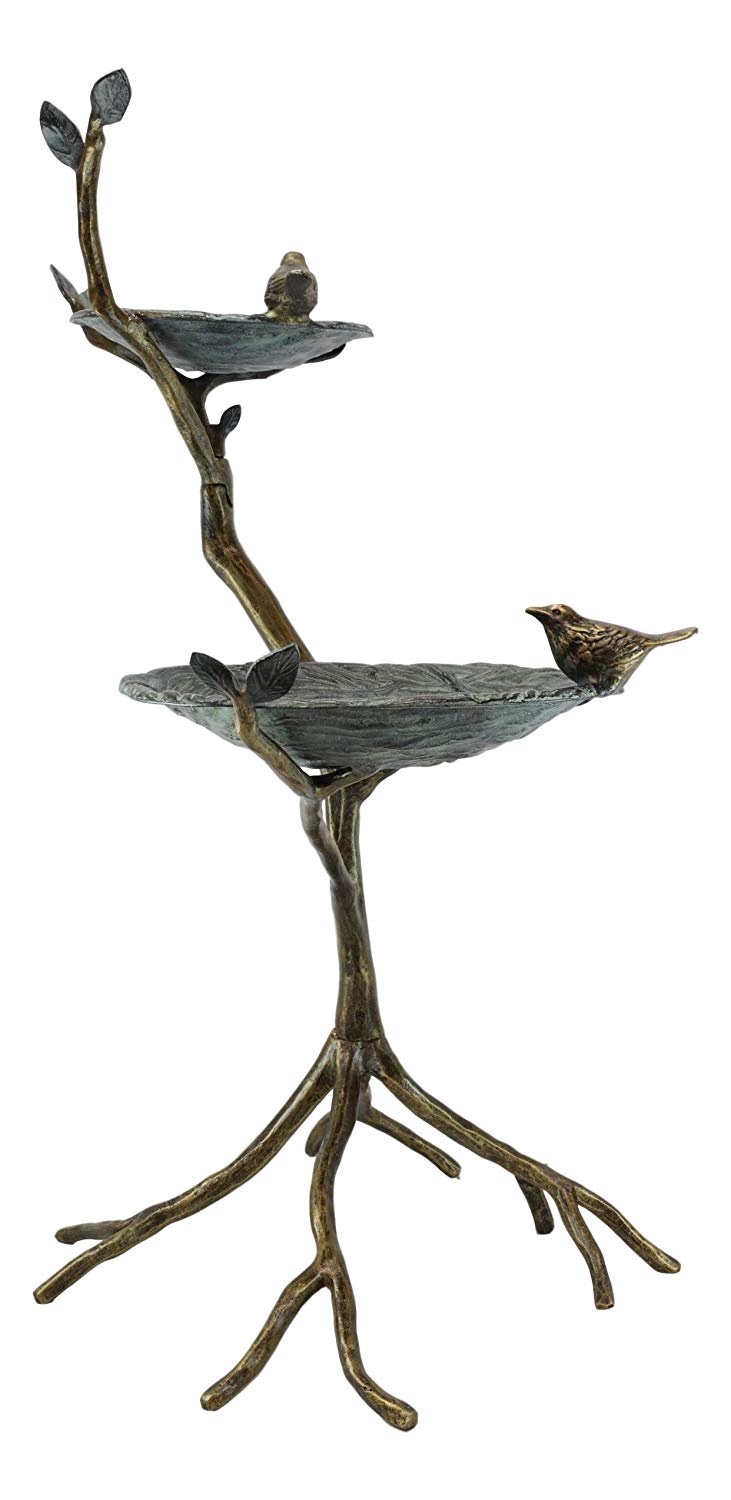 Ebros Large Aluminum Metal Whimsical Two Tier Nesting Birds On Branches Garden Bird Feeder and Bath Statue 34" High Guest Greeter Home Outdoor Patio Pool Deck Flower Bed Nature Decor Accent Sculpture