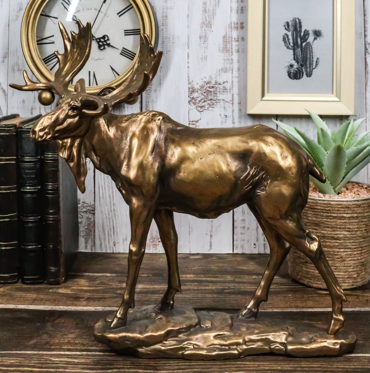 Realistic Large Bull Moose Statue In Gold Patina 11" W Rustic Elk Deer Accent - Ebros Gift