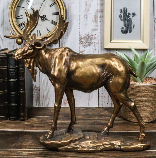 Realistic Large Bull Moose Statue In Gold Patina 11" W Rustic Elk Deer Accent - Ebros Gift