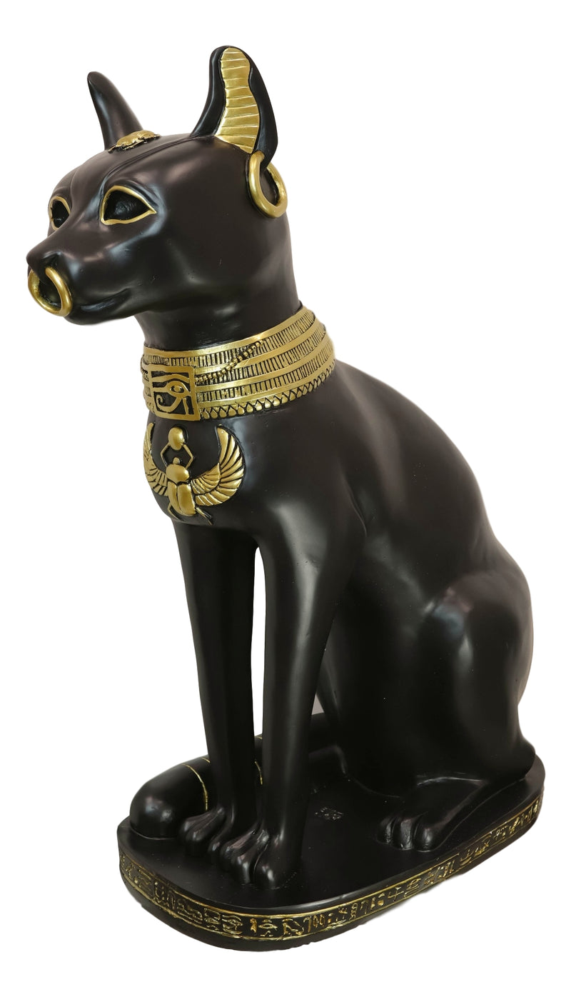 Large Black And Gold Egyptian Goddess Cat Bastet With Scarab Amulet Statue 37"H