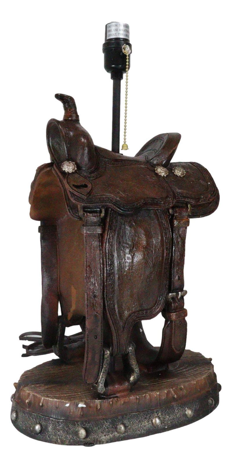 Western Cowboy Faux Tooled Leather Horse Saddle Conchos Buckles Table Lamp Decor