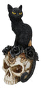 Gothic Black Feline Cat Sitting On Rose Vampire Skull Grimalkin's Ghost Figurine