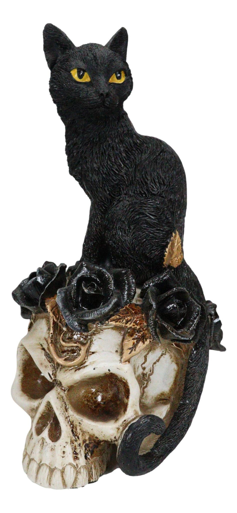 Gothic Black Feline Cat Sitting On Rose Vampire Skull Grimalkin's Ghost Figurine