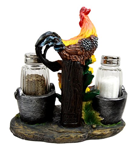 Country Rooster Hen and Chicks Family Salt and Pepper Shakers Holder Set 7"H - Ebros Gift