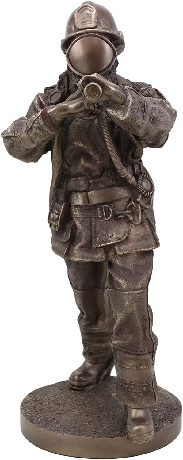 Heroic Fireman Fire Fighter In Full Turnout Gear Attire Carrying Hose Statue