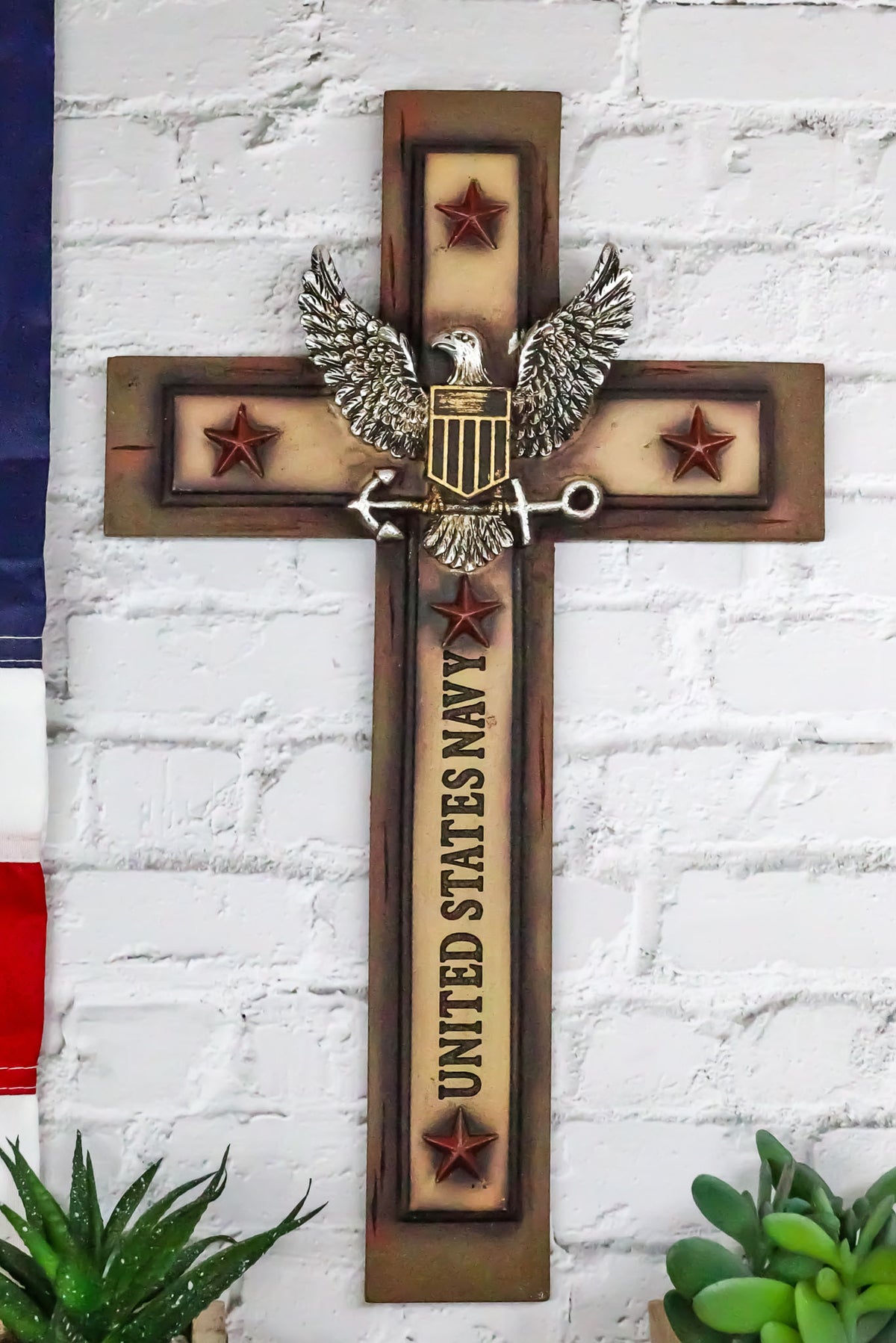 Western Rustic United States Navy with Eagle and Anchor Emblem Wall Cross Plaque - Ebros Gift