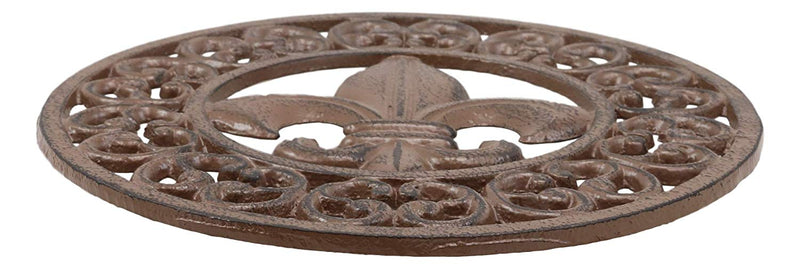 Ebros Rustic Vintage Design Round Fleur De Lis Medallion Cast Iron Trivet 10"Diameter