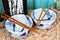 Ebros Japanese Blue Splash Paint Abstract Design Porcelain Bowls With Chopsticks Set 2