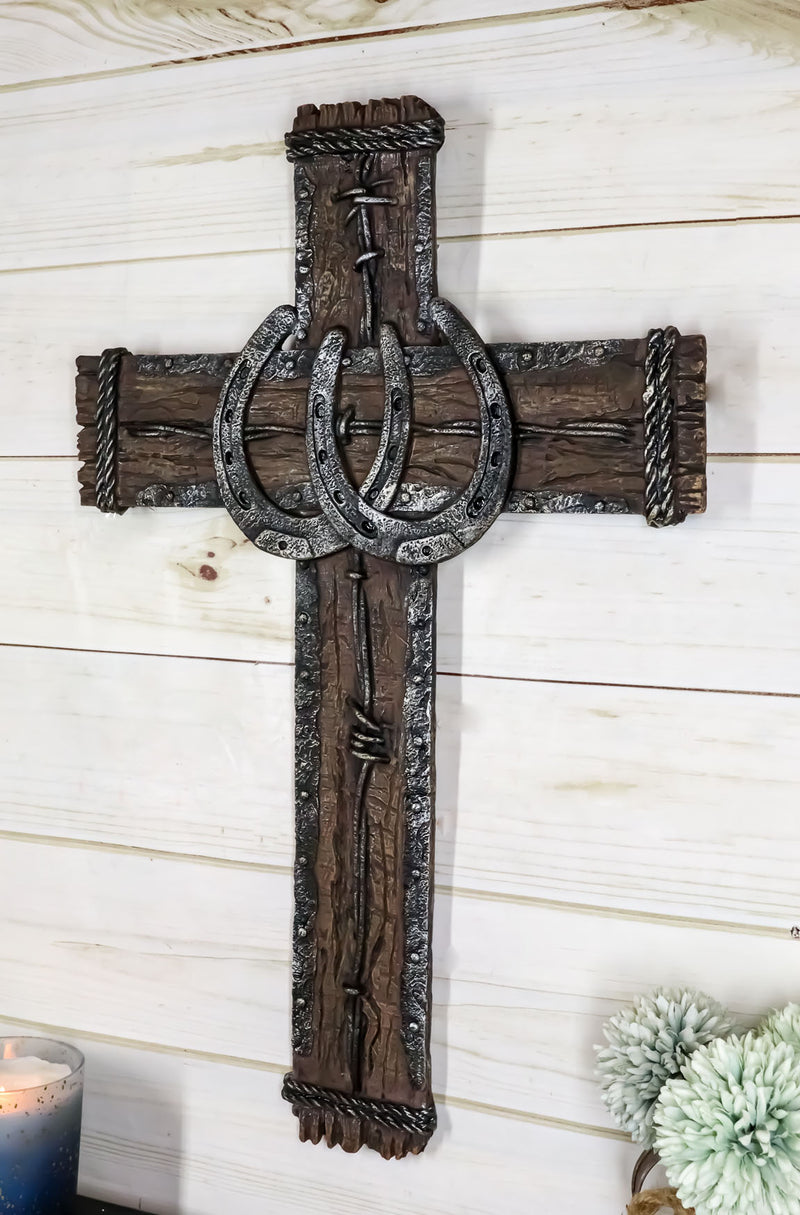 Rustic Western Lucky Horseshoes Barbed Wire And Rope Wall Cross Decor Plaque 19"