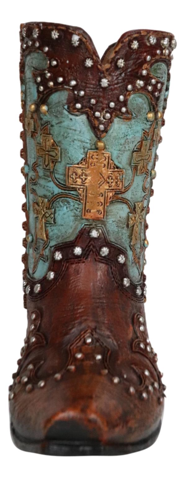Set Of 3 Rustic Country Turquoise Cross Western Star And Frills Boot Vase Decors
