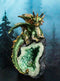 Metallic Green Iridescent Dragon On Faux Geode Rock Quartz Crystal Cove Figurine