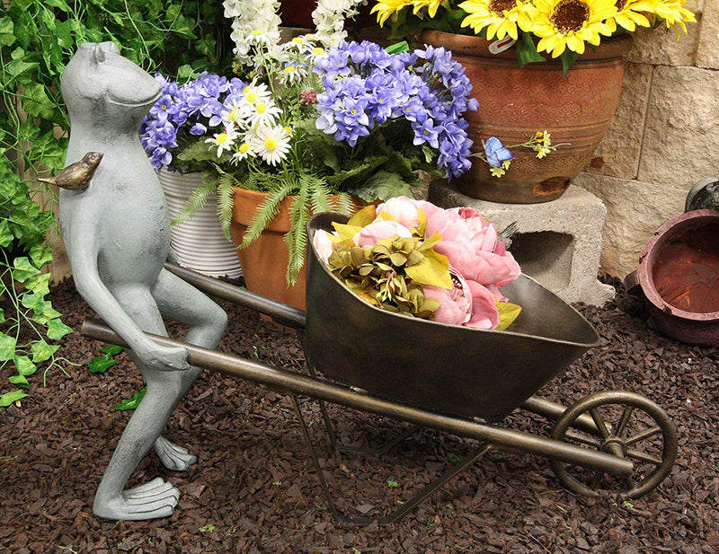 Ebros Gift 24" Wide Aluminum Rustic Whimsical Gardening Green Frog with Birds Pushing Wheelbarrow Cart Flowers Or Plants Planter Garden Statue Decorative Frogs and Toads Accent Decor