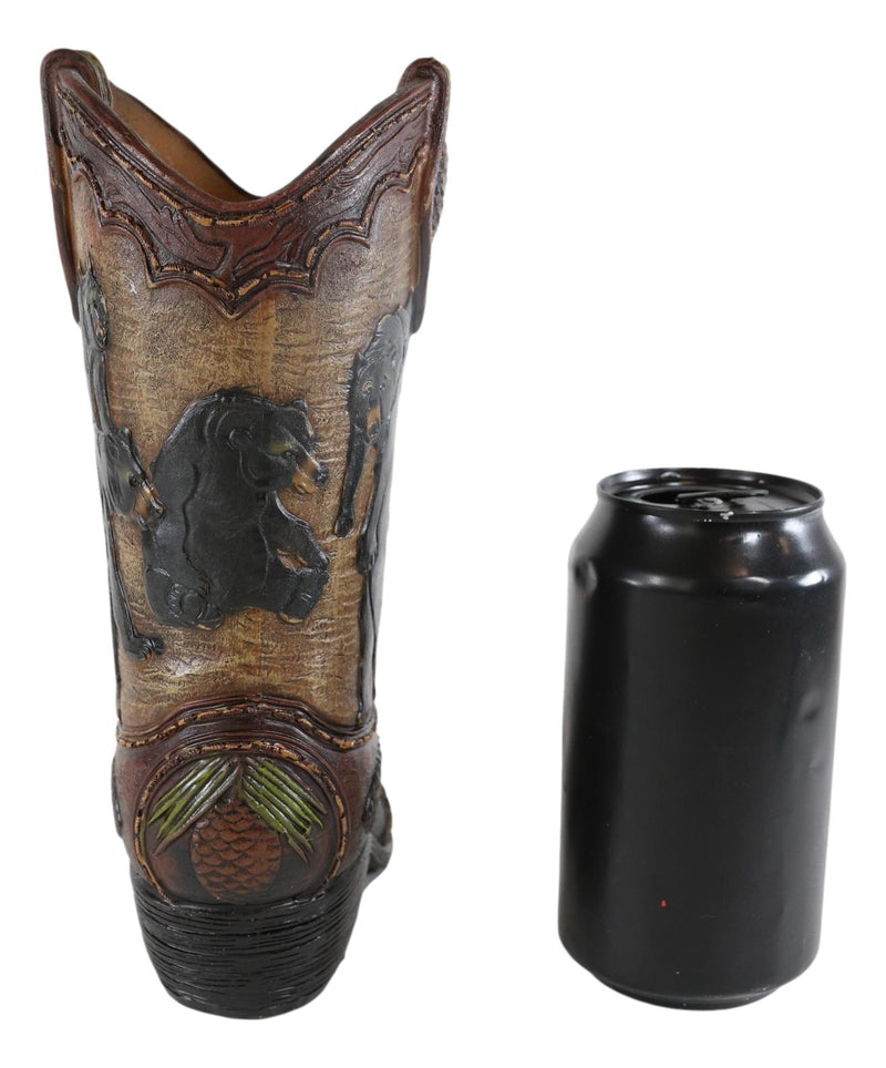 Western Black Bear Family With Pine Cones Cowboy Cowgirl Boot Vase Figurine