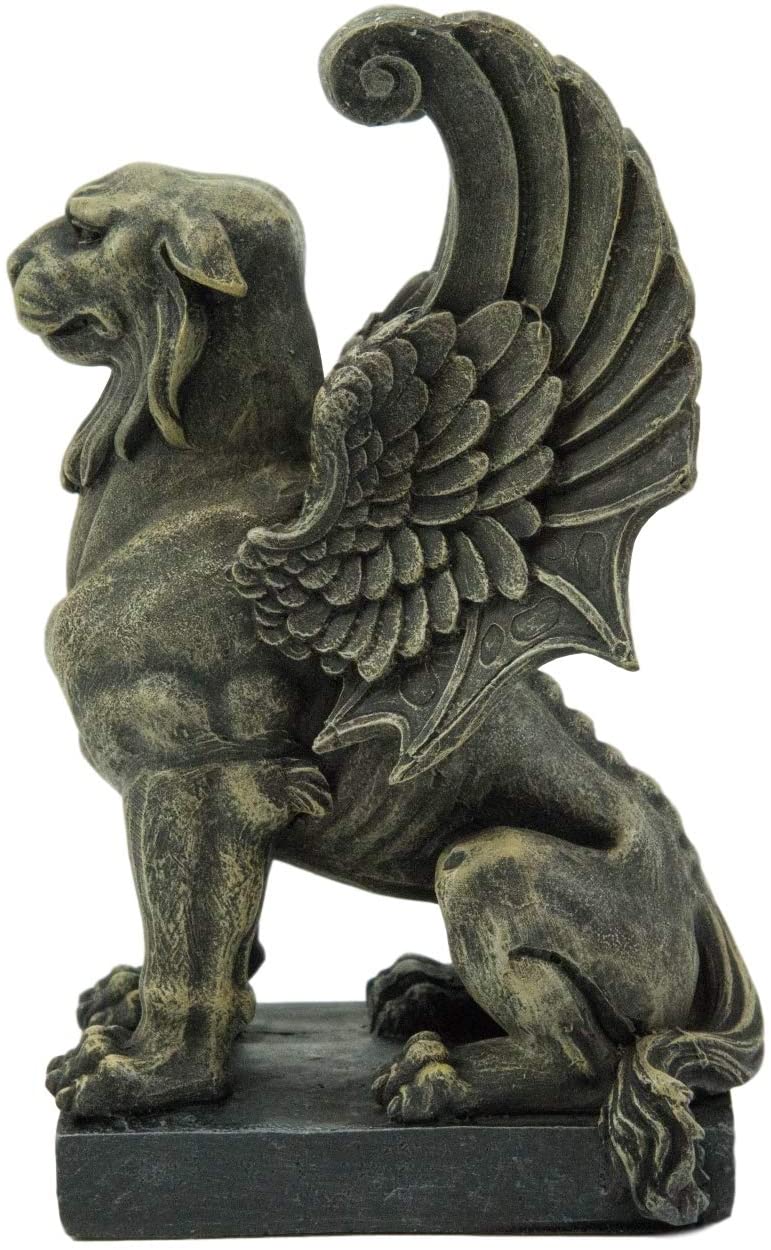 Ebros Lion Gargoyle with Griffin Wings Crouching On Pedestal Statue 6.5" Tall