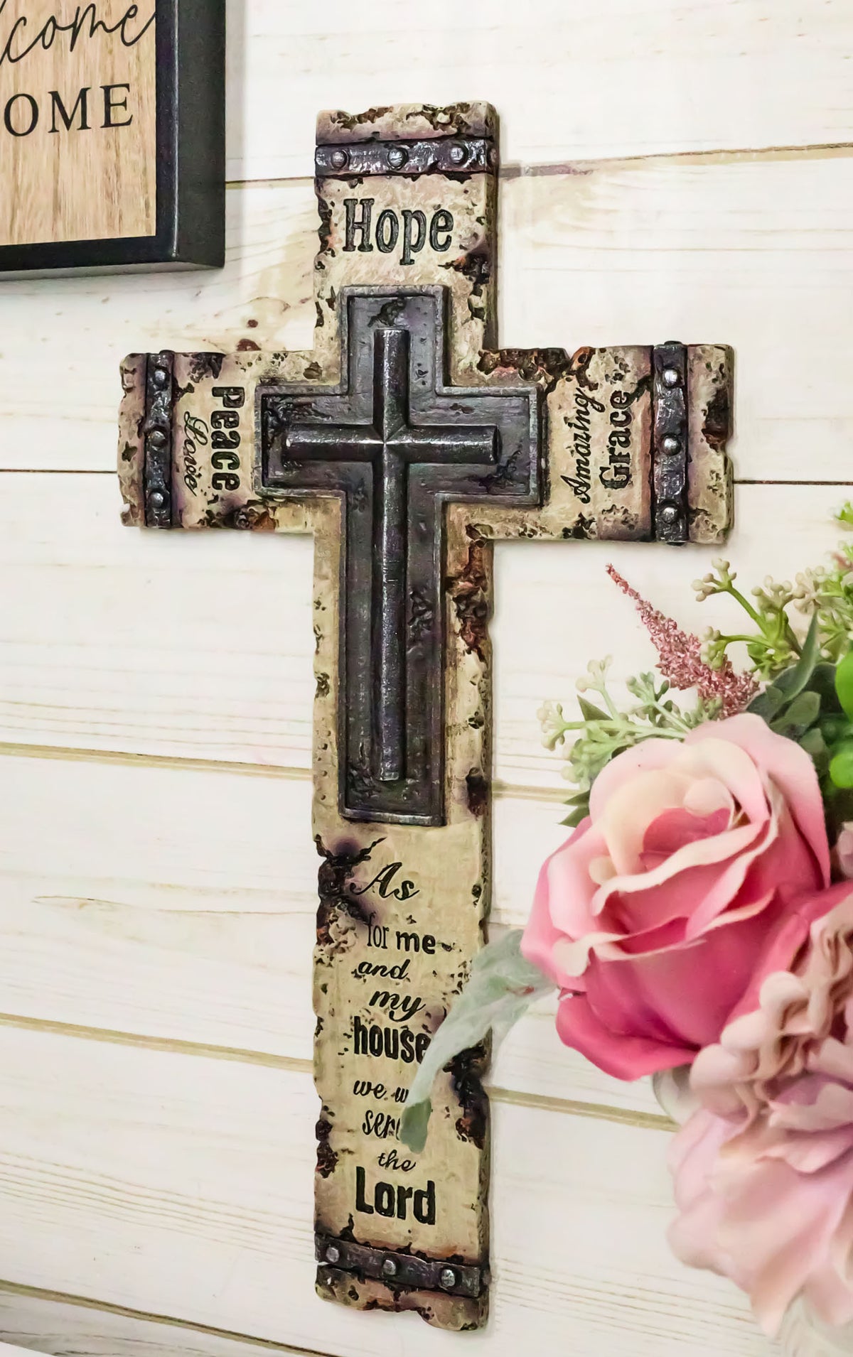 Rustic Western Christian Love Hope Peace Amazing Grace Bible Verse Wall Cross - Ebros Gift