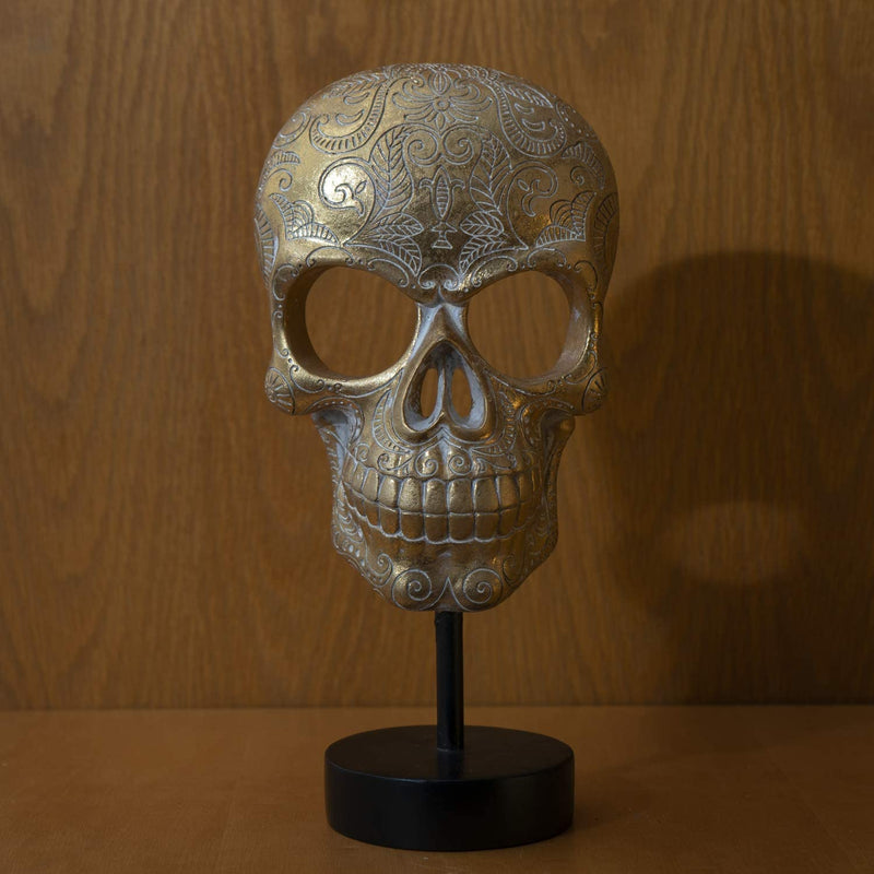 Ebros Day of The Dead Engraved Golden Resin Skull Front with Base and Stand 11"H