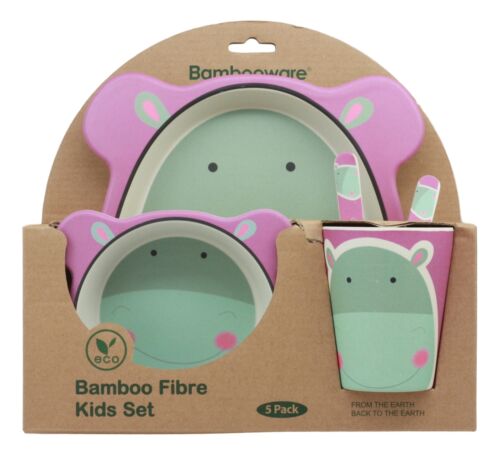 Ebros Hippo 5 Piece Organic Bamboo Dinnerware Set For Kids Children Toddler Baby - Ebros Gift