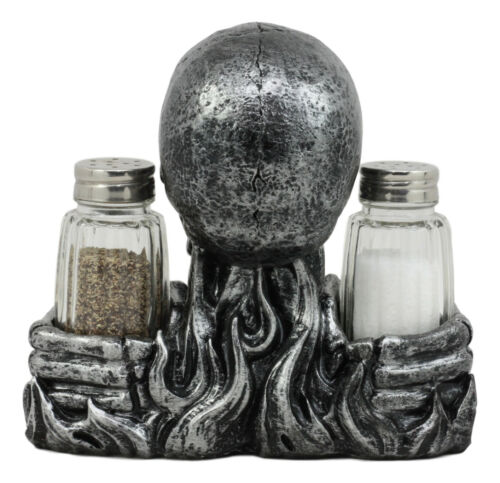 Ebros Gothic Day Of The Dead Grinning Skull Salt And Pepper Shakers Holder Figurine Set 6.25" Long Fantasy Kitchen Decor Statue