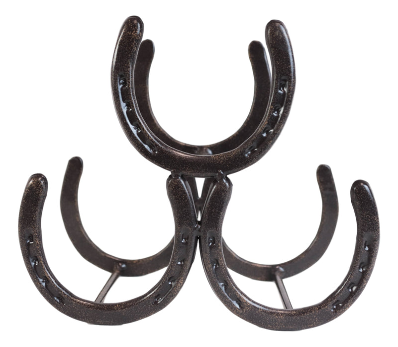 Large Cast Iron Rustic Farmhouse Stacked Horseshoes 3 Bottles Wine Holder Racks