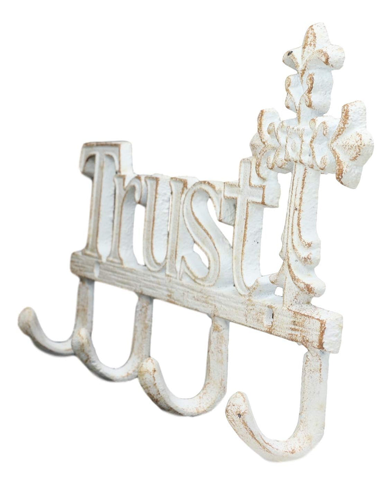 Cast Iron Rustic White Le Fleur Cross with Trust Letters Sign 4 Pegs Wall Hooks