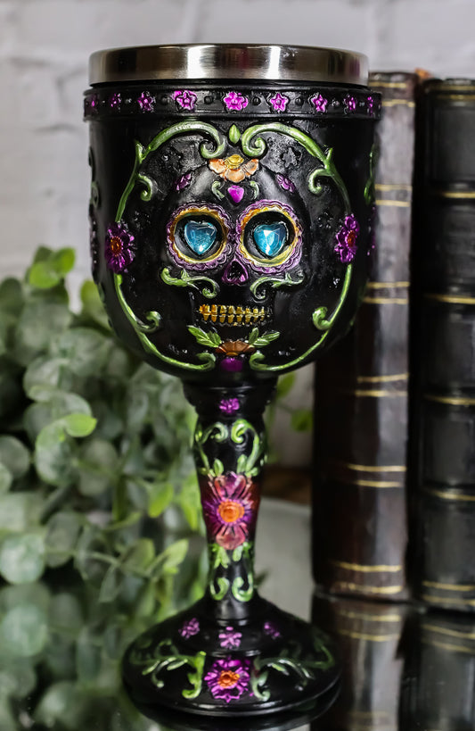Ebros Day of The Dead Ossuary Wedding Black Sugar Skull Wine Goblet 7oz Chalice