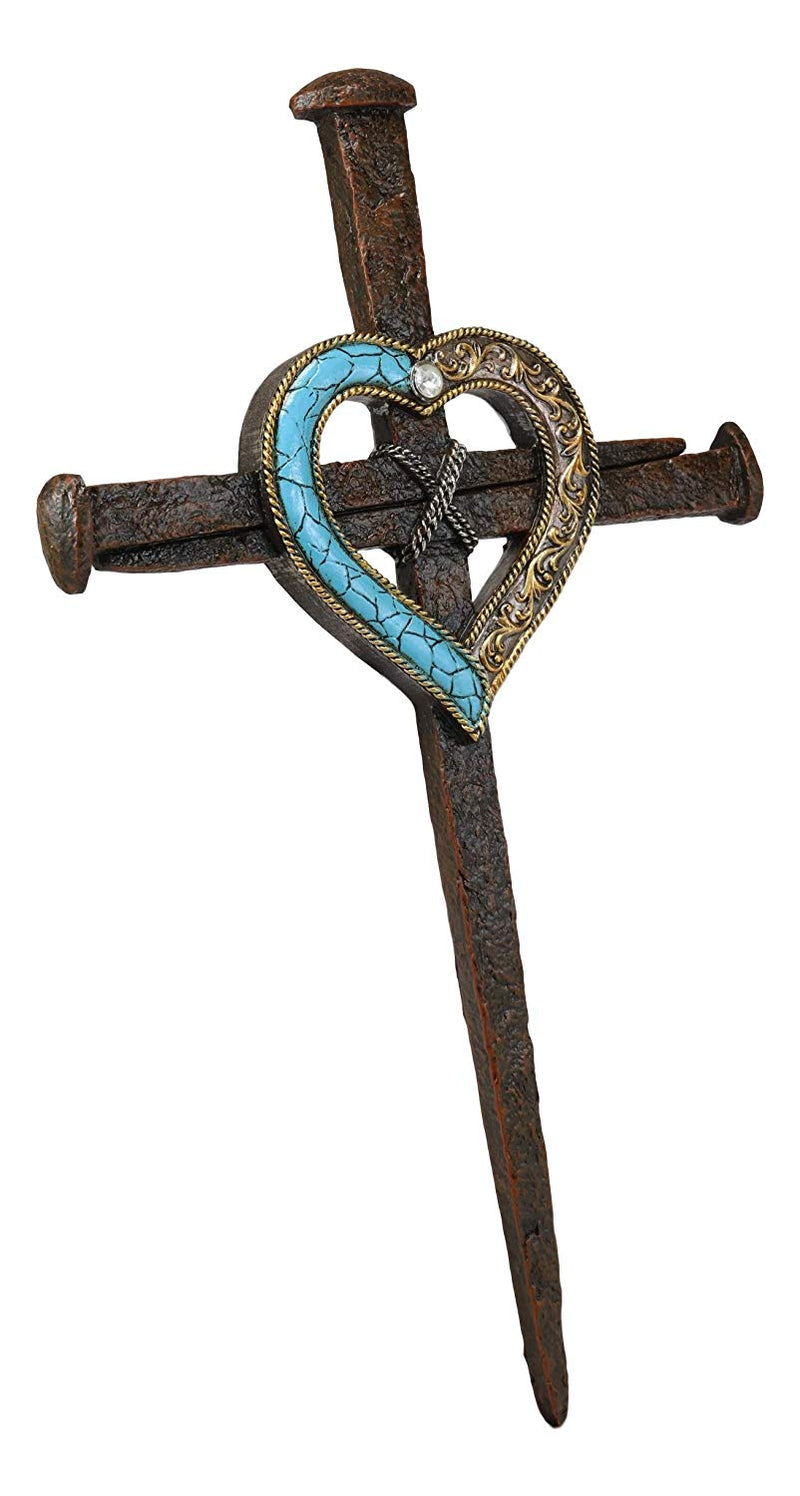 Ebros Faux Bronze Rusted Look Crucifix Driven Nails with Gold and Turquoise Heart Center Wall Cross Decor Plaque Vintage Art Hanging Sculpture 16.5" Tall