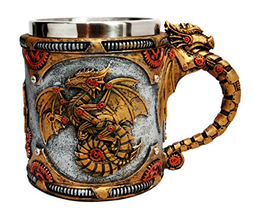 Ebros Golden Steampunk Cyborg Robotic Dragon Beer Stein Tankard Coffee Cup Mug - Ebros Gift