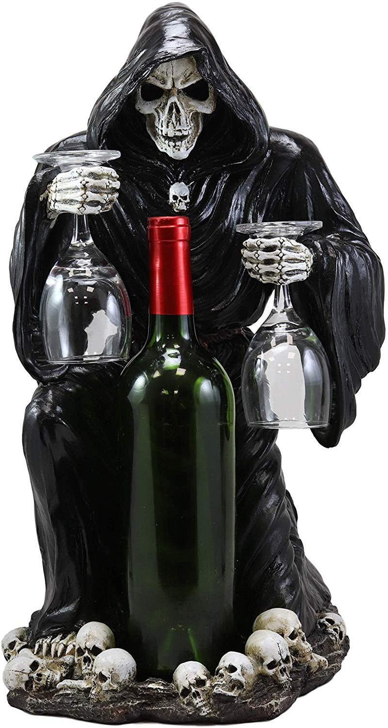 Large Kneeling Grim Reaper Skeleton Wine Bottle & Glasses Valet Holder Statue