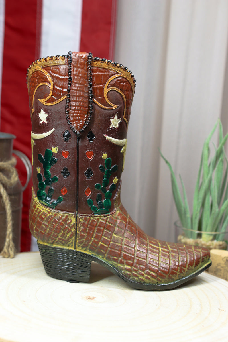 Rustic Western Texas Longhorn Faux Crocodile Prints Cowboy Boot Vase Figurine