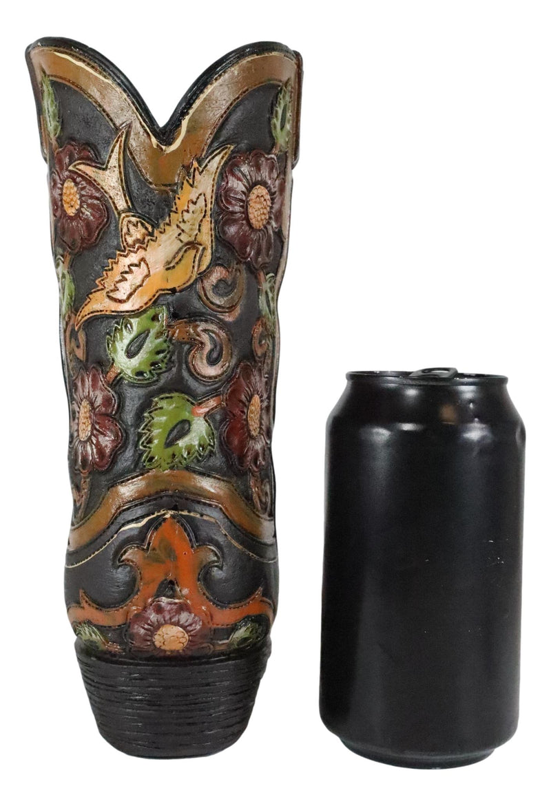 Rustic Western Faux Tooled Leather Cowboy Floral Blooms Boot Planter Vase Decor