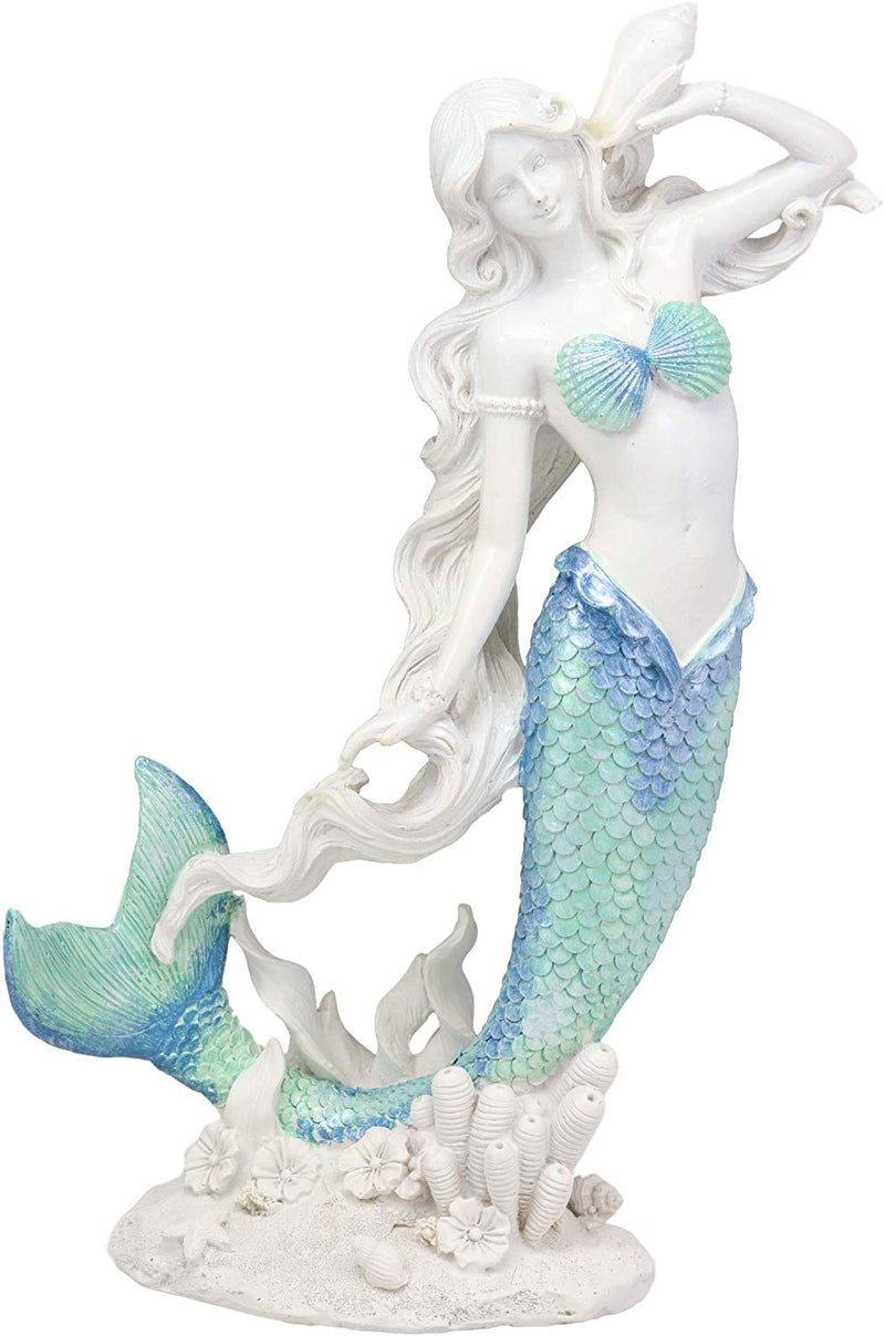 Nautical Capiz Blue Tailed Siren Mermaid Listening To Sea Conch Statue 11.75"H