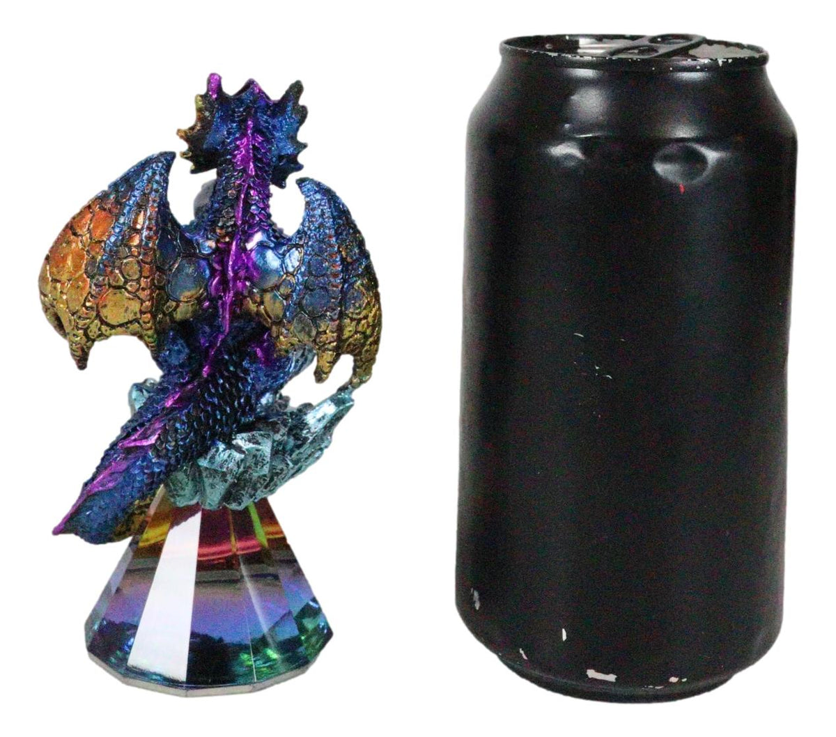 Iridescent Armored Rainbow Wyrmling Dragon Skull On Faux Crystal Prism Figurine