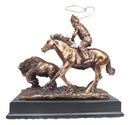 Tribal Native American Indian Hunter On Horse Roping Juvenile Bison Bull Statue