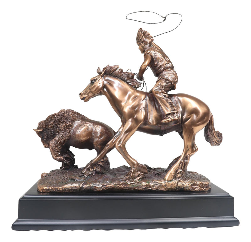 Tribal Native American Indian Hunter On Horse Roping Juvenile Bison Bull Statue