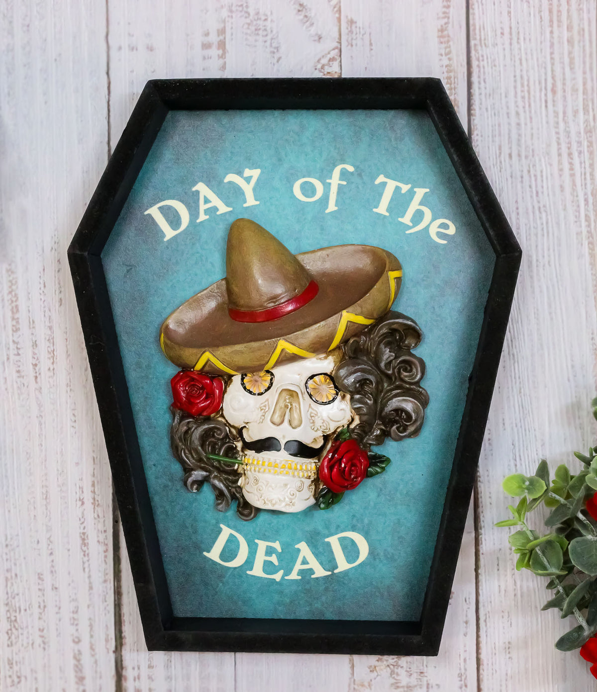 Day Of The Dead Masquerade Red Rose Skull With Sombrero Hat In Coffin Wall Decor
