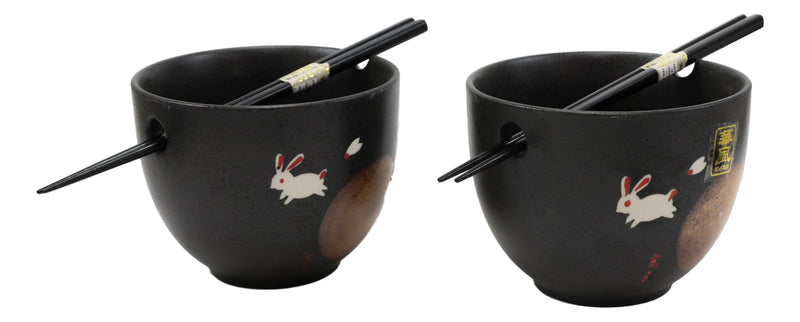 Ceramic White Moon Rabbit Hare Ramen Noodles Soup Bowls With Chopsticks Set Of 2