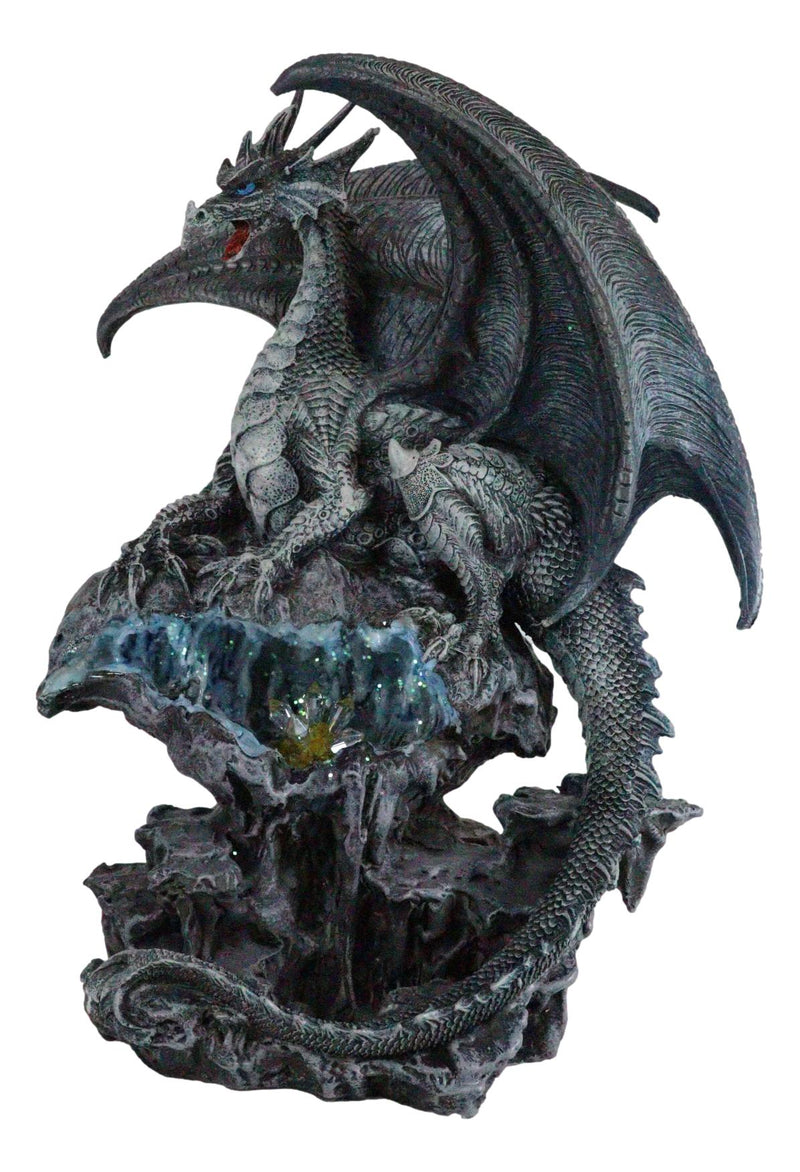 Elemental Quiksilver Bifrost Dragon Guarding LED Light Blue Crystal Cave Statue