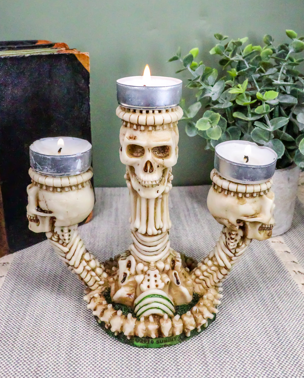 Ebros Trio Ossuary Graveyard Skulls & Skeleton Bones Candelabra Candle holder - Ebros Gift