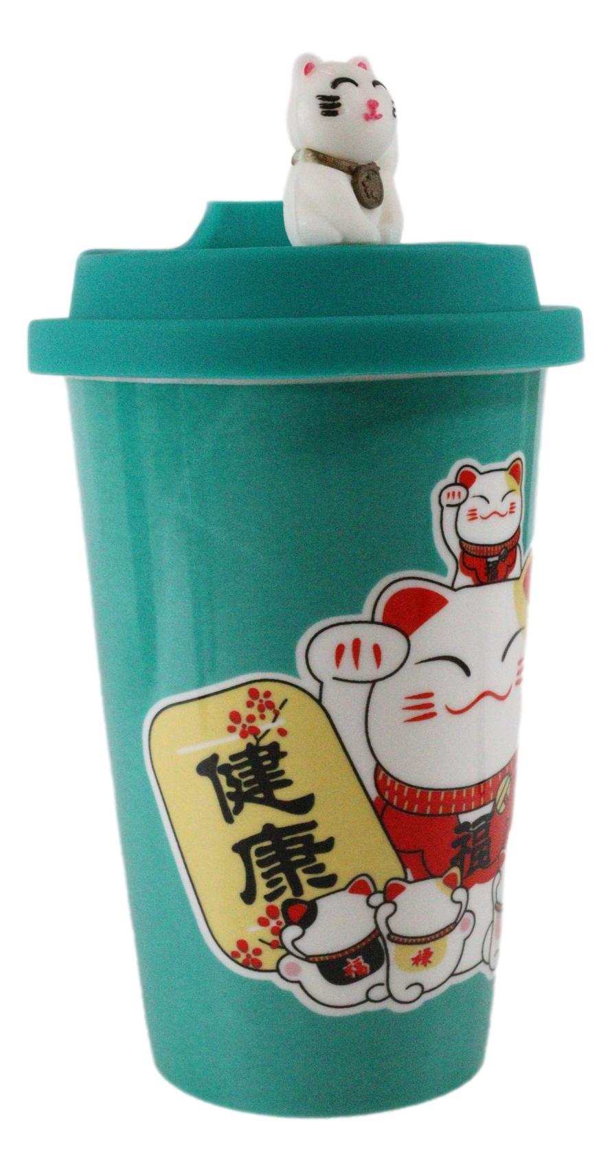 Ebros Gift Lucky Cat Maneki Neko Ceramic Tall Drink Mug Cup With Silicone Lid (Green)