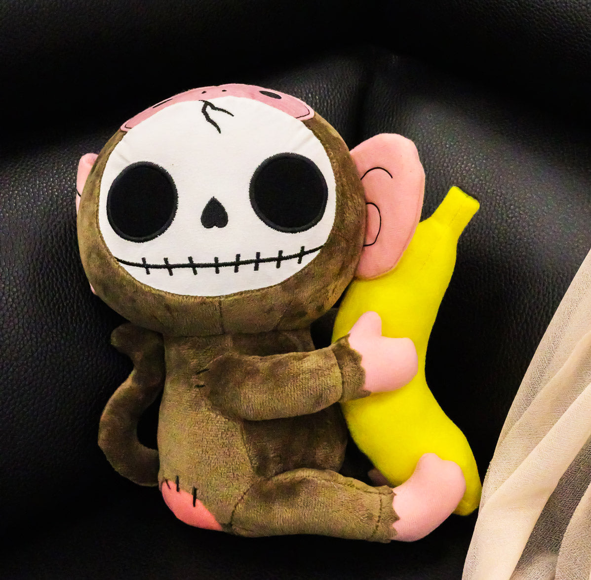 Furry Bones Skeleton Pink And Brown Baby Monkey Banana Plush Toy Doll 10" Tall - Ebros Gift