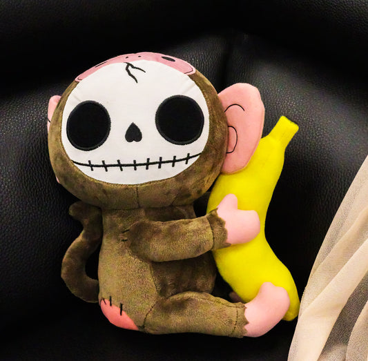 Furry Bones Skeleton Pink And Brown Baby Monkey Banana Plush Toy Doll 10" Tall - Ebros Gift